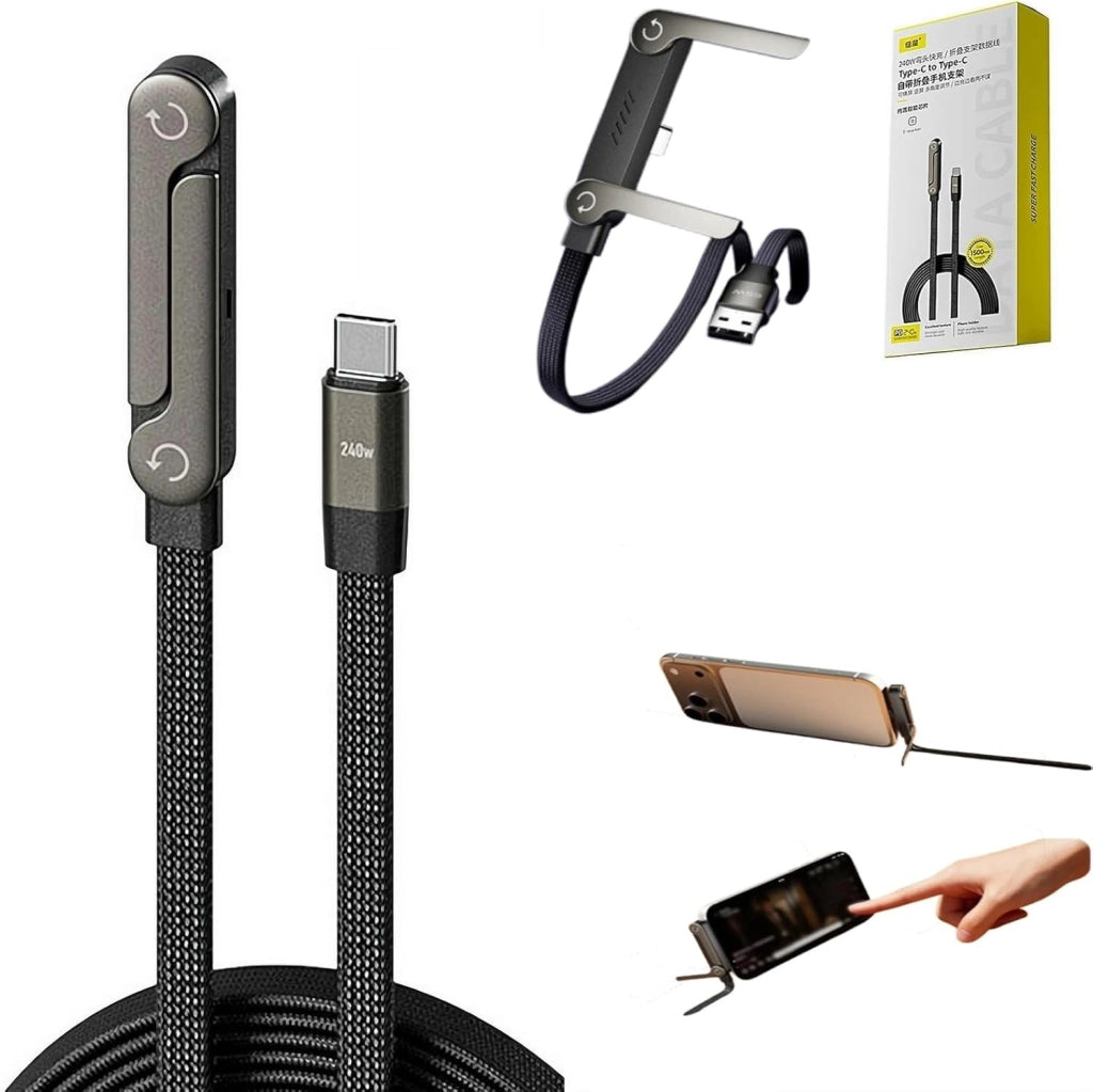 CAVO TYPE-C A TYPE-C 240W FAST CHARGING SUPPORTO SMARTPHONE PIEGHEVOLE NERO DATI