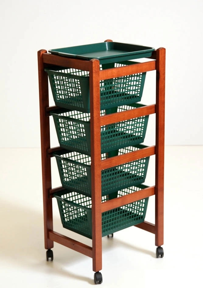 CARRELLO PORTAFRUTTA JOLLY NOCE LEGNO MASSELLO 4 RUOTE CON CESTELLI VERDI
