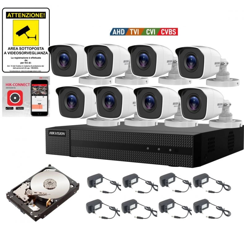 KIT VIDEOSORVEGLIANZA HIKVISION DVR 8 CANALI 8 TELECAMERE 2 MPX HD 500 GB