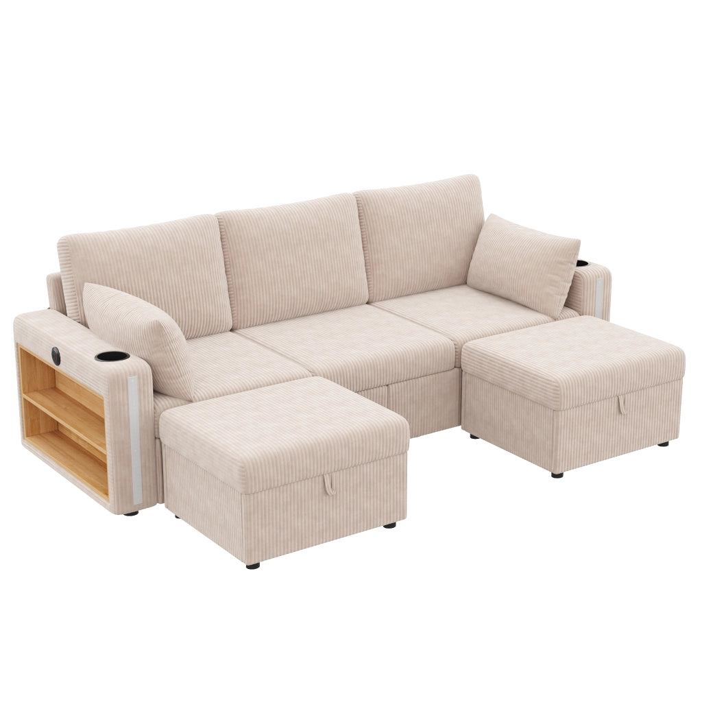 Divano modulare U/L con pouf contenitore, LED, USB/Type-C e schienale con cuscini, beige