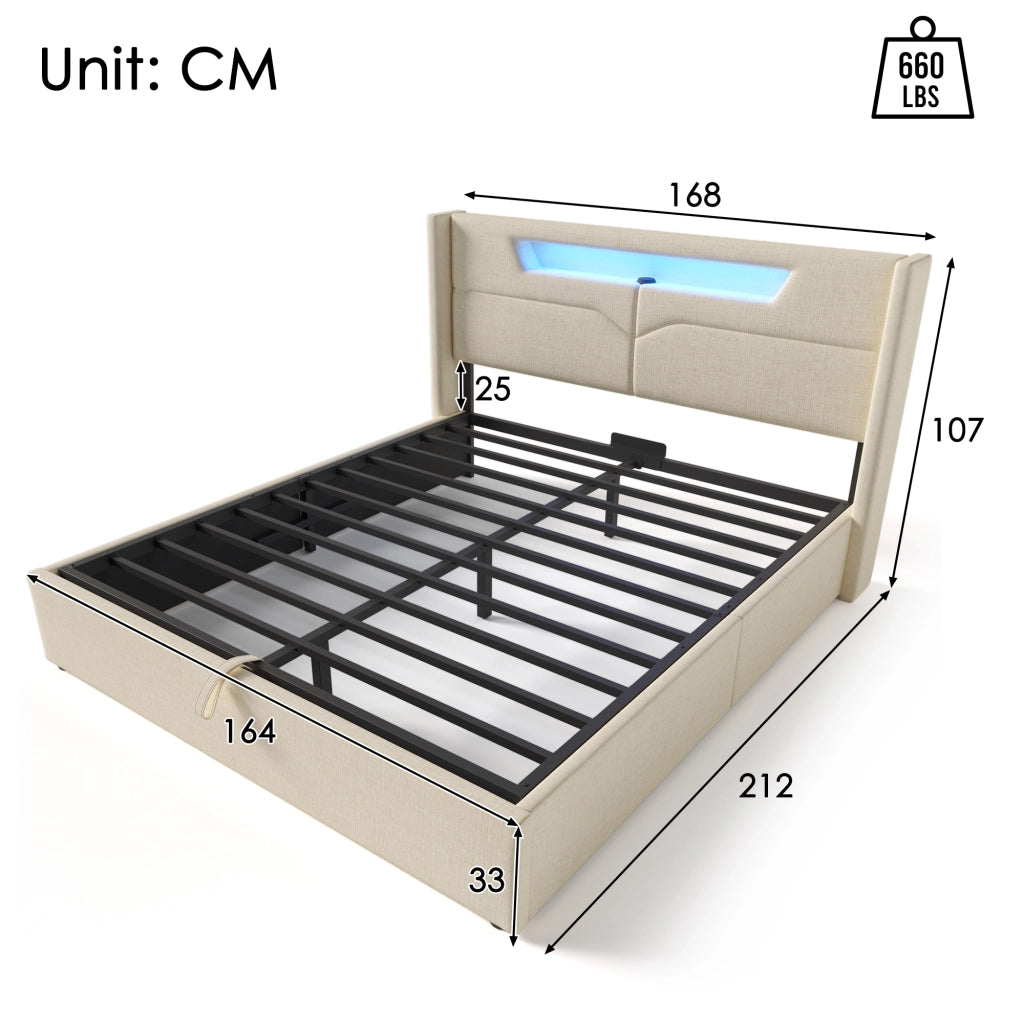 LETTO Matrimoniale LED 160x200 cm in lino beige USB Type C