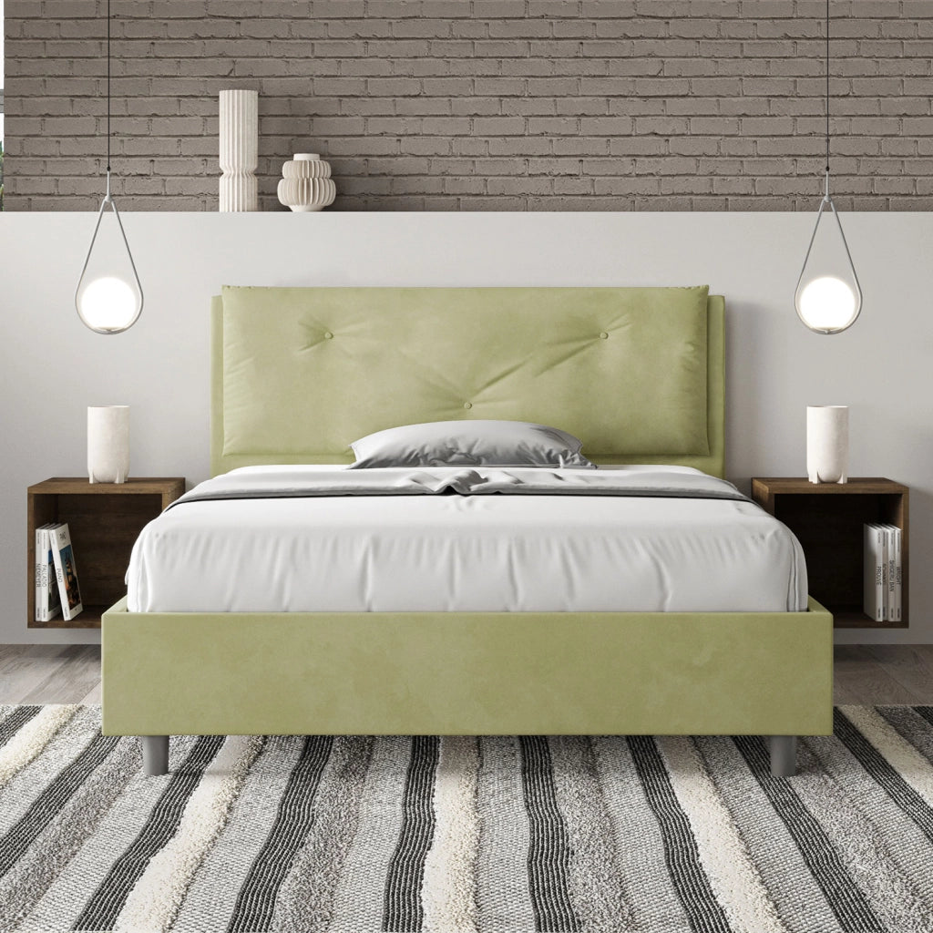 BS COM Letto matrimoniale francese con rete imbottito 140x200 microfibra tè verde Large