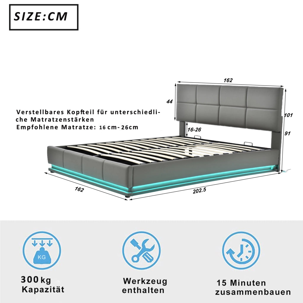 LETTO Imbottito 160x200 cm Grigio con LED e contenitore