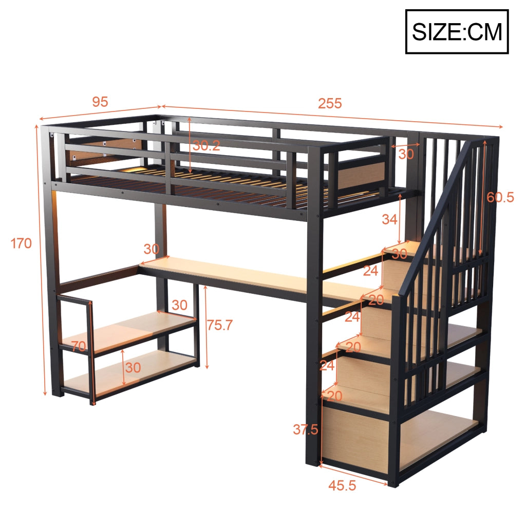 LETTO a soppalco 90x200 cm con scrivania e scaffali Metallo Nero