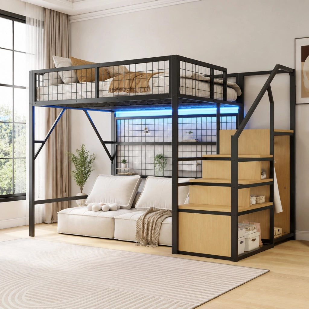 LETTO a soppalco 140x200 cm Metallo Nero con scala e contenitore