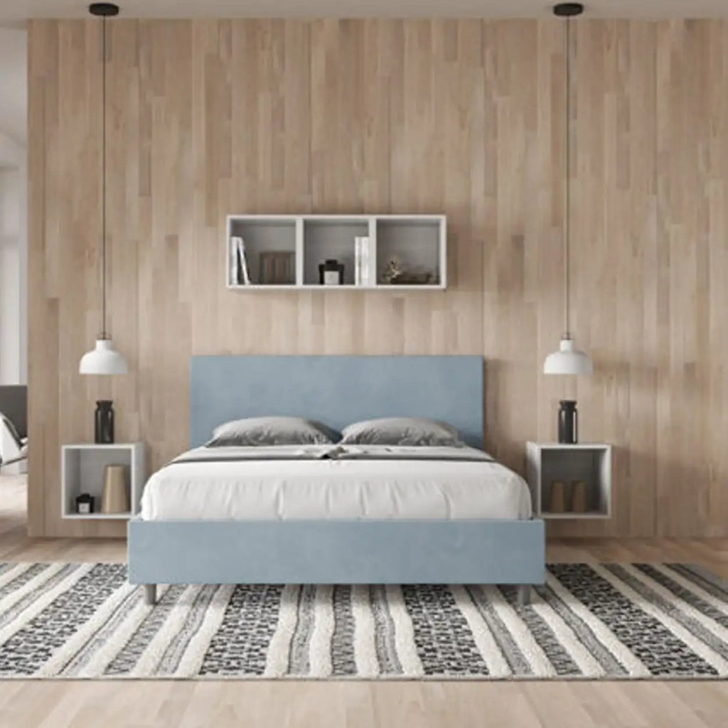 Letto matrimoniale contenitore imbottito 160x210 microfibra azzurro Adele