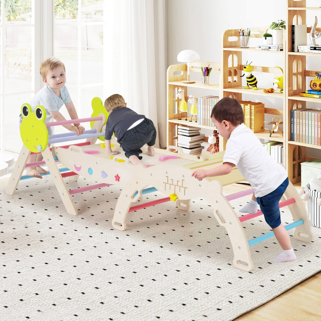 Giochi da arrampicata per bambini con rampa, Set montessori in legno a tema rana con gioco del labirinto Colorato
