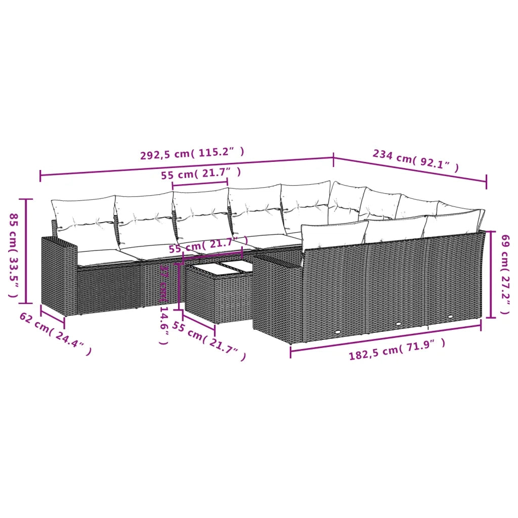 Set Divani da Giardino 11 pz con Cuscini in Polyrattan Nero 3251833