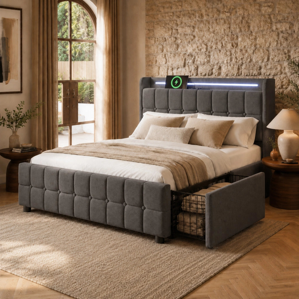 LETTO Contenitore 140x200 cm Grigio con 4 Cassetti, USB e LED