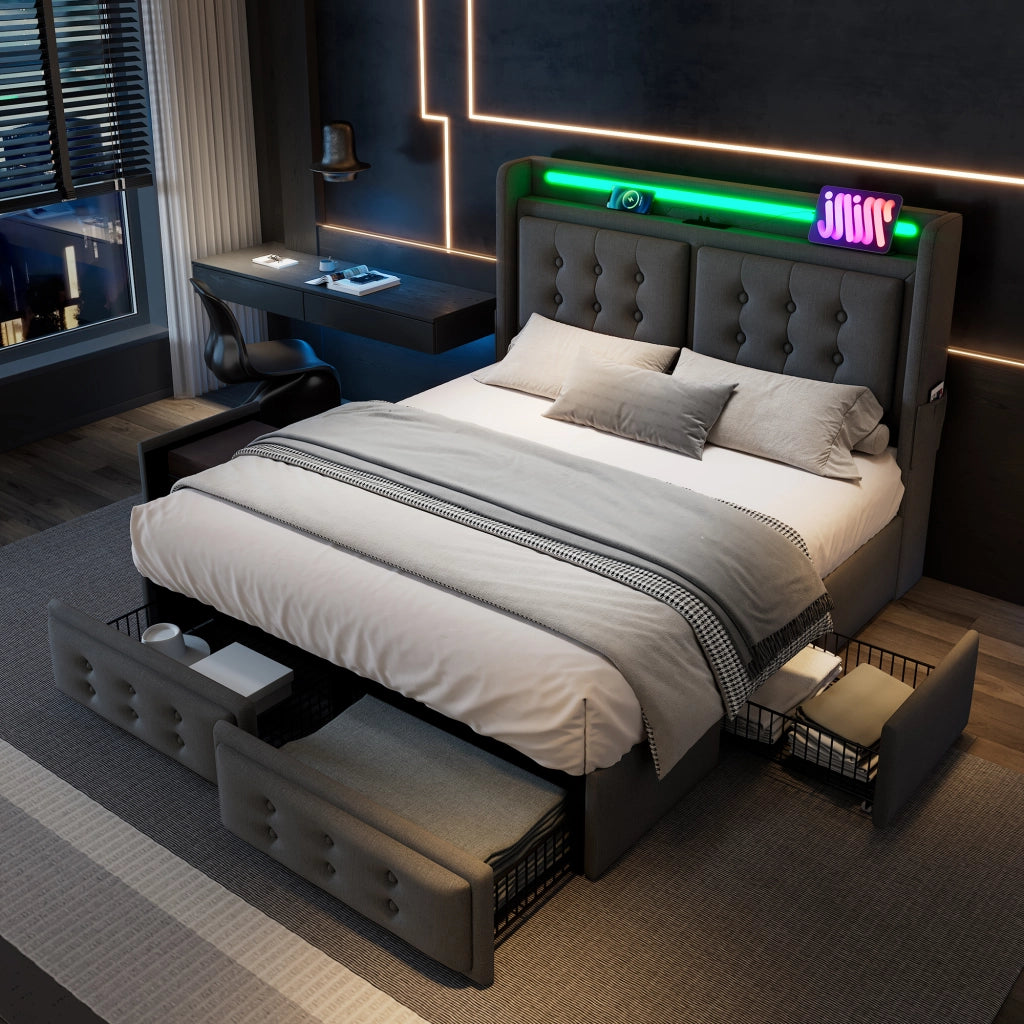 LETTO 160x200 cm con LED, USB/Type-C, 4 cassetti, tessuto grigio