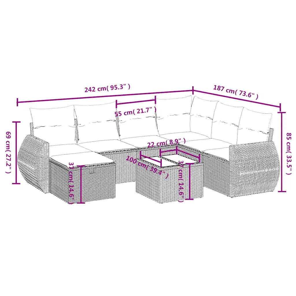 Set Divani da Giardino 8 pz con Cuscini Grigio in Polyrattan 3264157