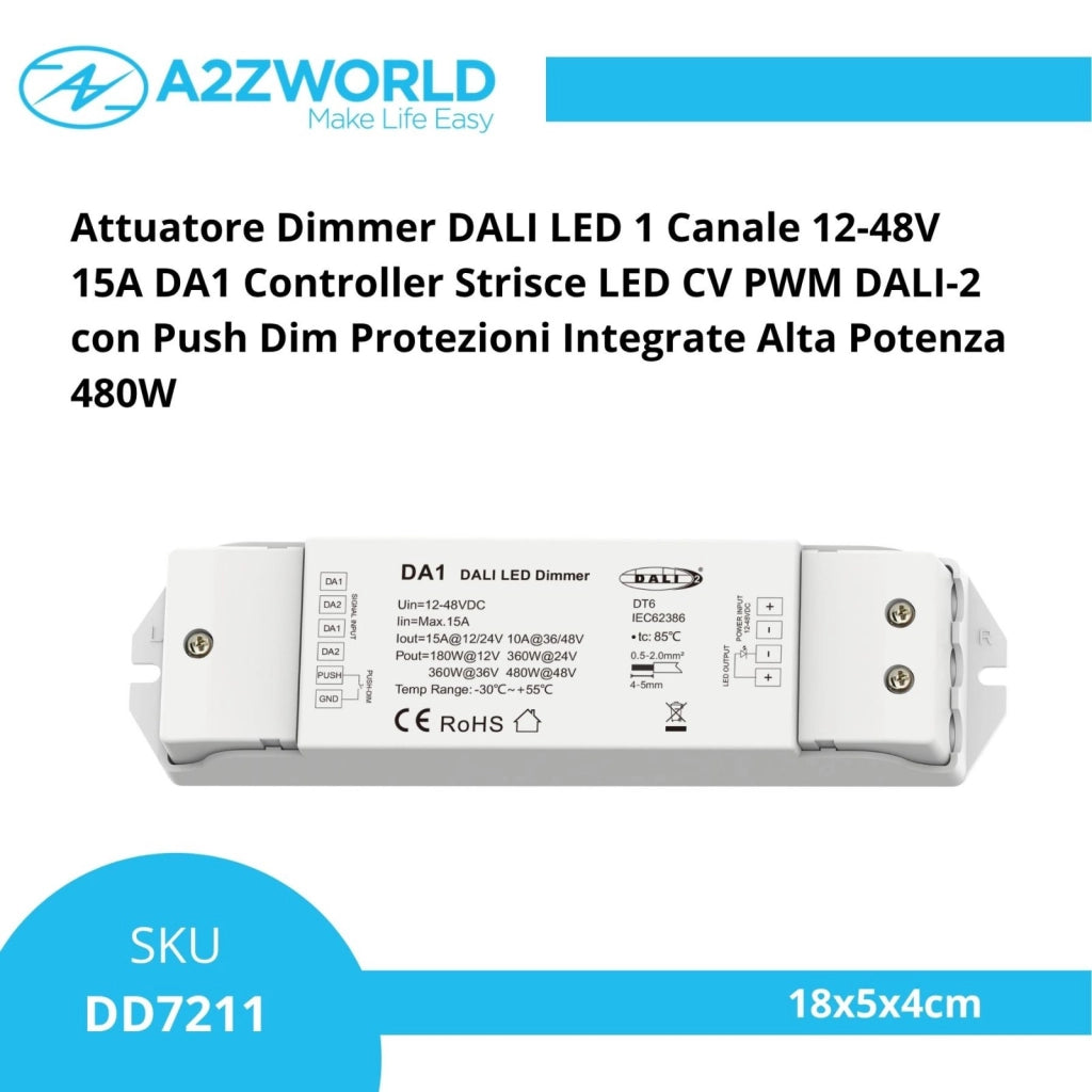 Attuatore Dimmer DALI LED 1 Canale 12-48V 15A DA1 Controller Strisce LED CV PWM DALI-2 con Push Dim Protezioni Integrate Alta Potenza 480W