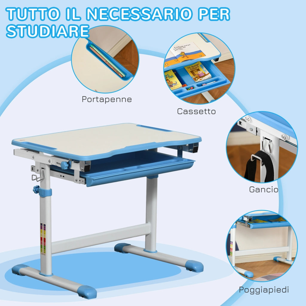 Scrivania per Bambini con Sedia Regolabile, Cassetto e Piano Inclinabile ¨C Minimal ¨C Blu 66x47x52-77 cm