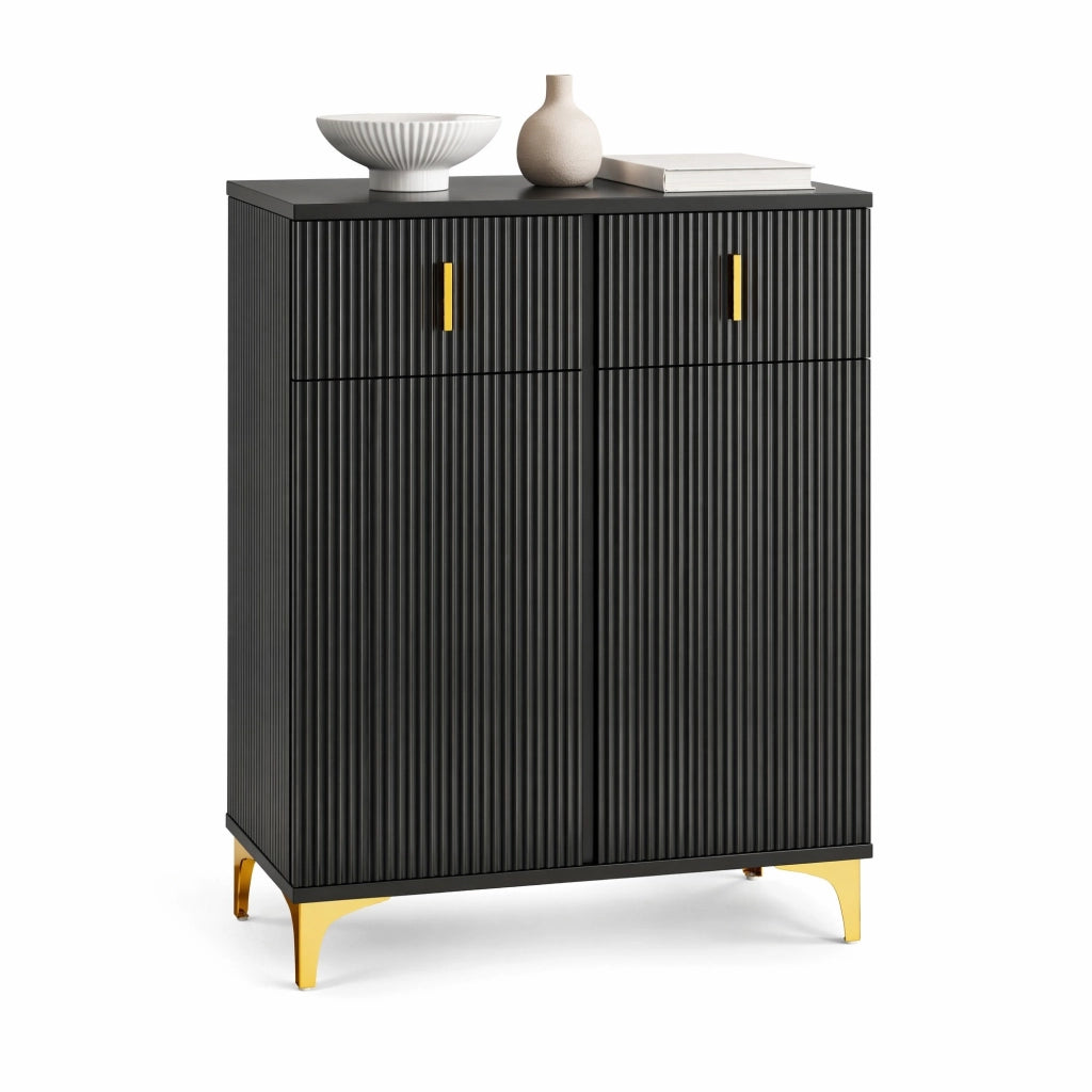Credenza elegante nera con 2 cassetti, 2 ante e ripiani regolabili