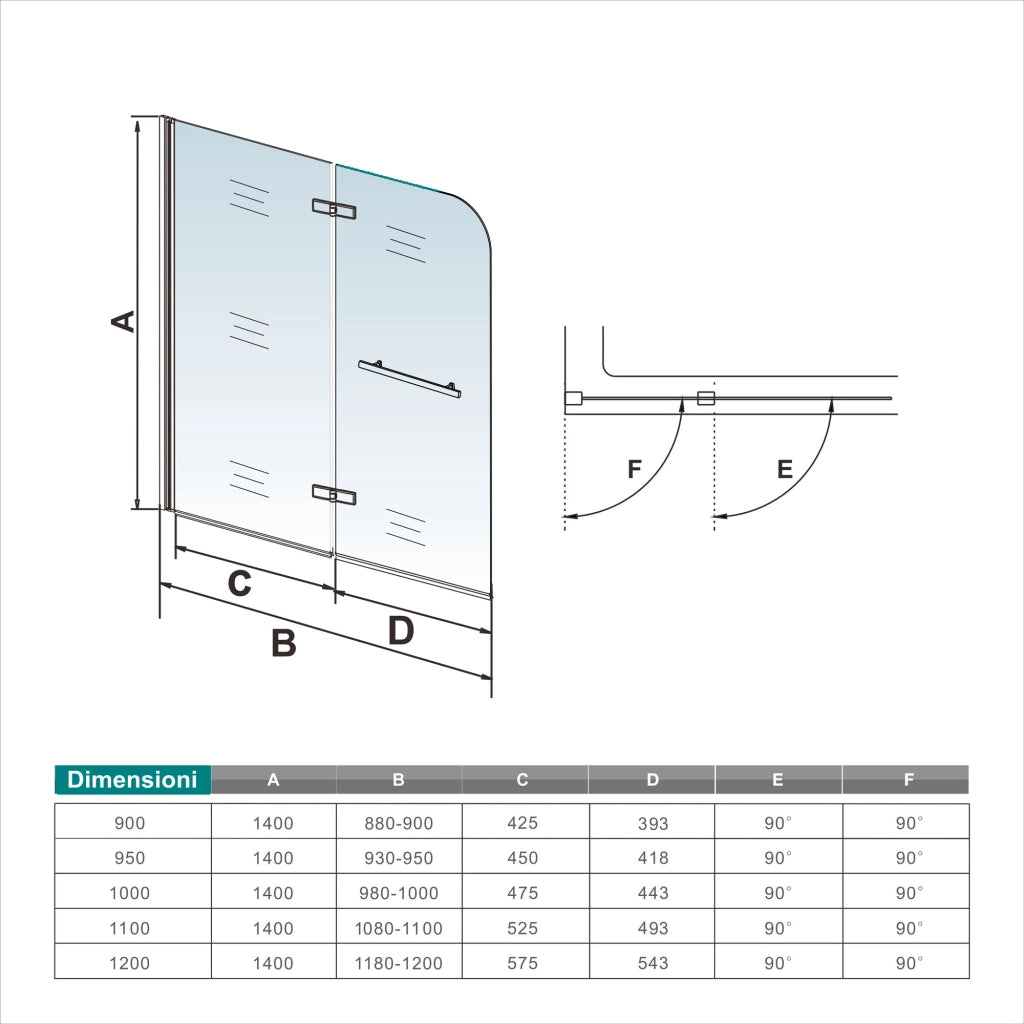 140 cm Sopravasca Parete Vasca da Bagno Due Ante Movibili con Maniglia Portasciugamani Vetro 6 mm Temperato Anticalcare 110 cm
