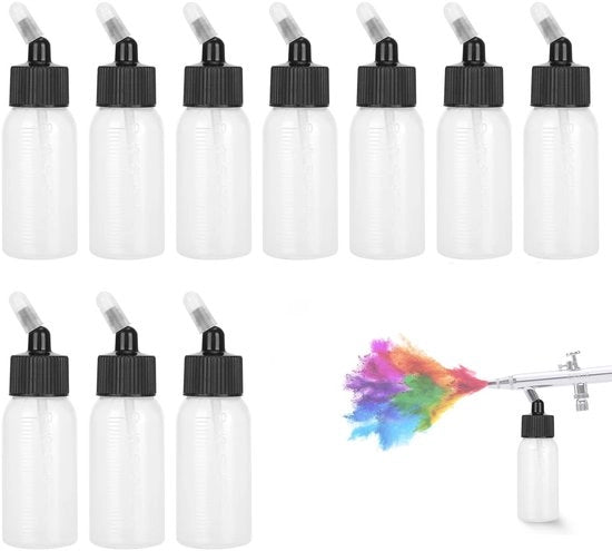 Kit di pennelli ad aria 10 pezzi - 30ml Capacità - Materiale PP - Alimentazione per sifone Accessori - Adatto per pistole ad aria a doppia azione - Coperchio di ventilazione per prevenire la formazione di umidità - Flaconi per pennelli ad aria