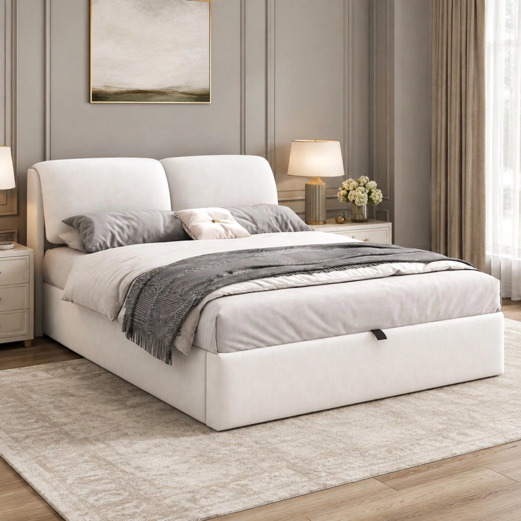 Letto imbottito 140x190 cm con contenitore idraulico; 3 cassetti; velluto beige; rete a doghe