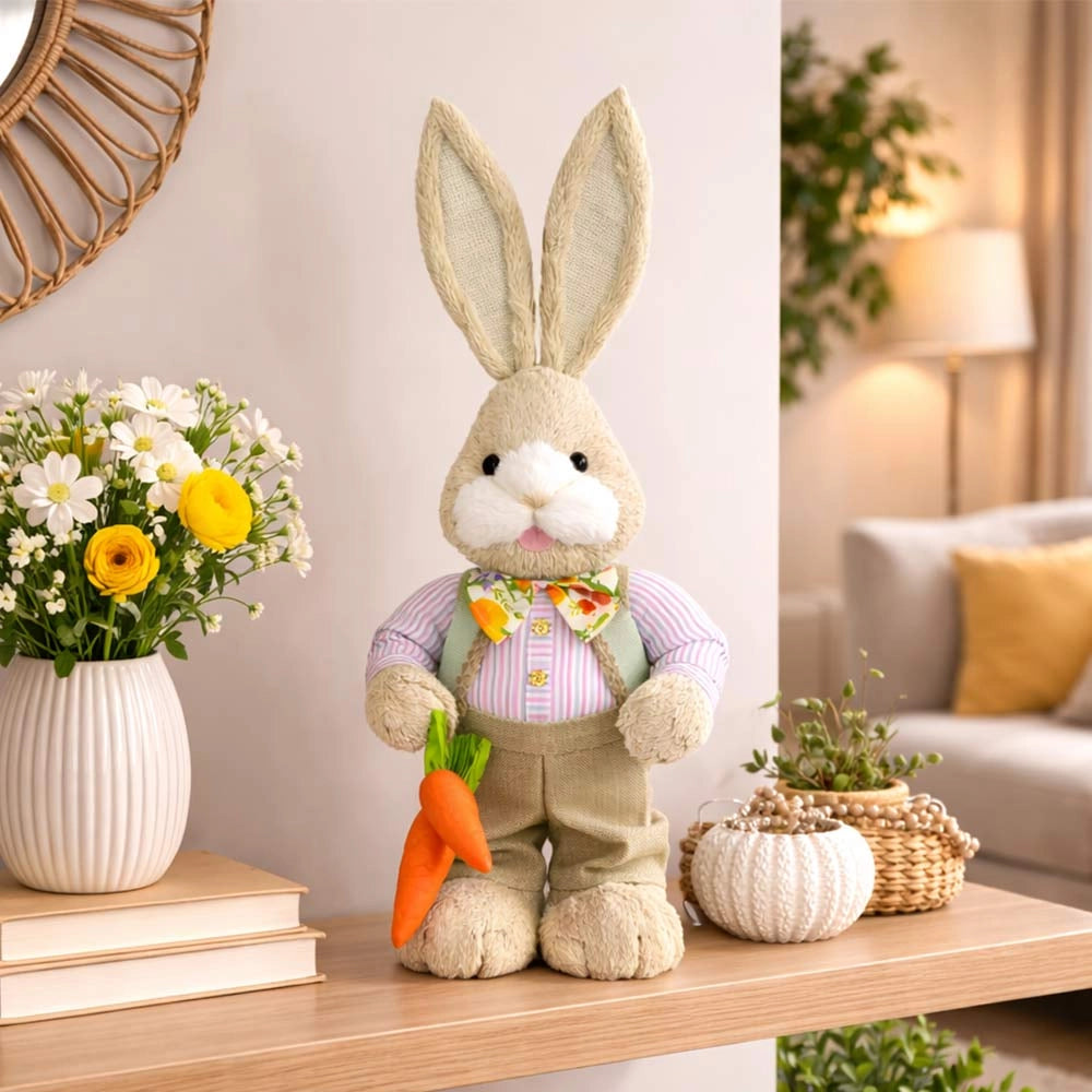 Coniglio di Campagna Decorativo Pasquale con Camicia e Carota h 65 cm