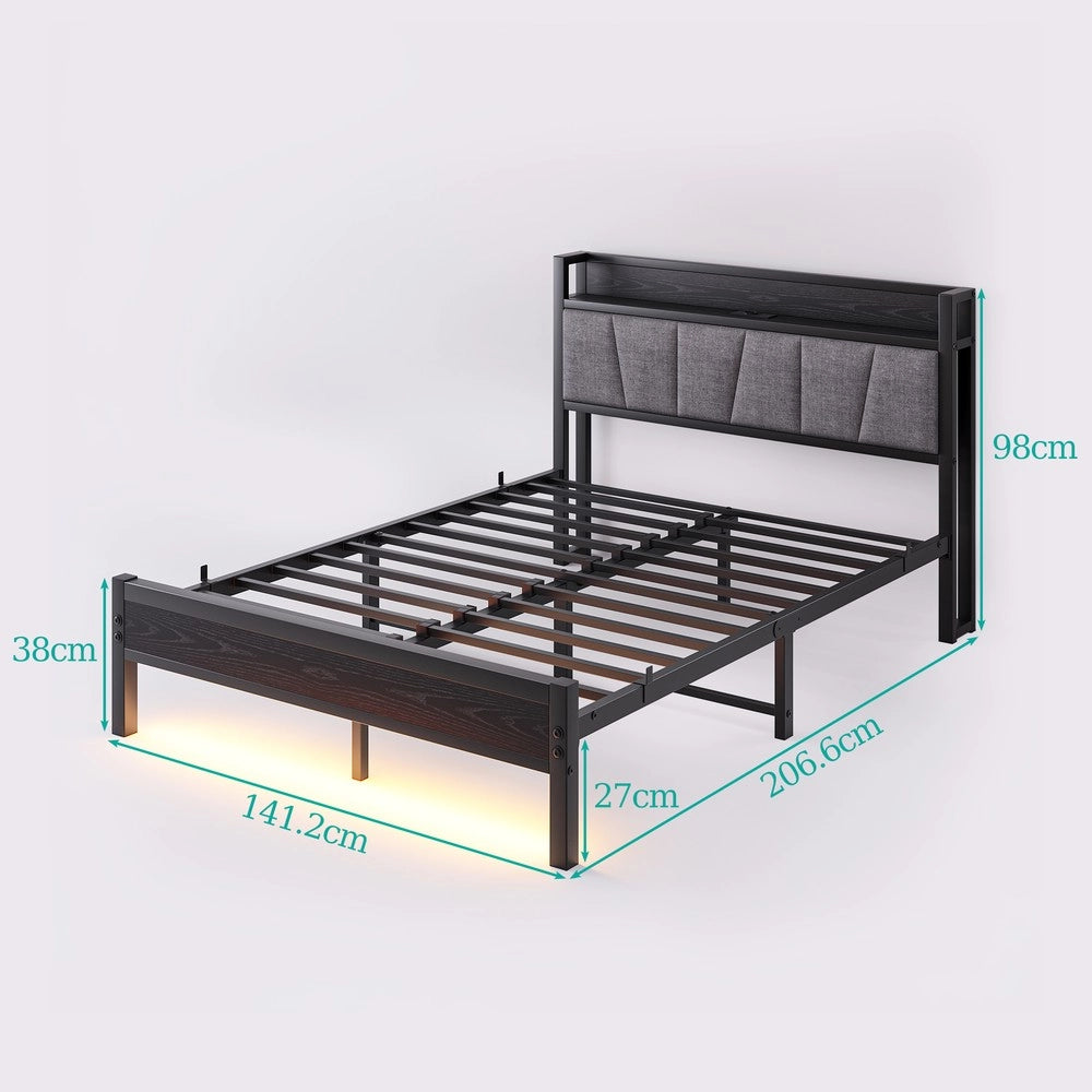 Letto Matrimoniale con LED e USB ¨C MINIMAL ¨C Metallo 140x190