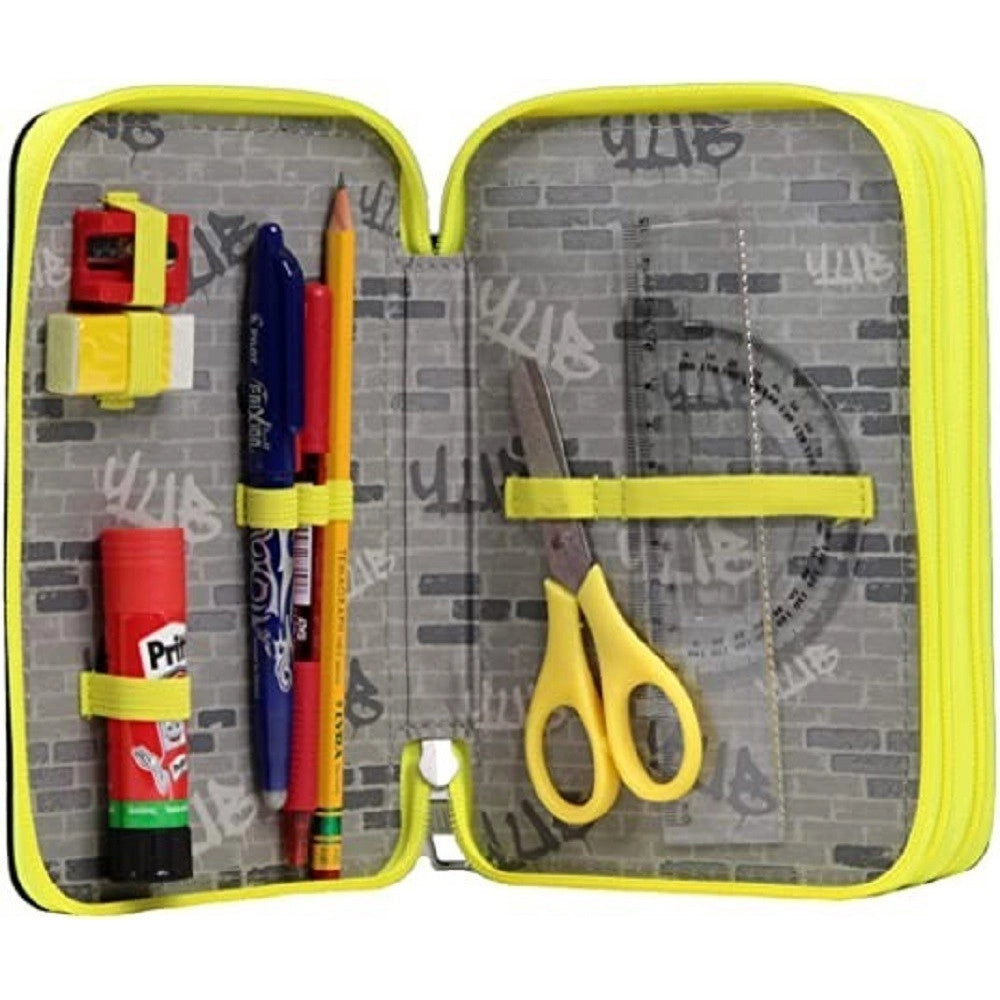 Trade Shop - Astuccio Triplo 3 Cerniere Yub Murales Black Accessorio Scuola Portapastelli -