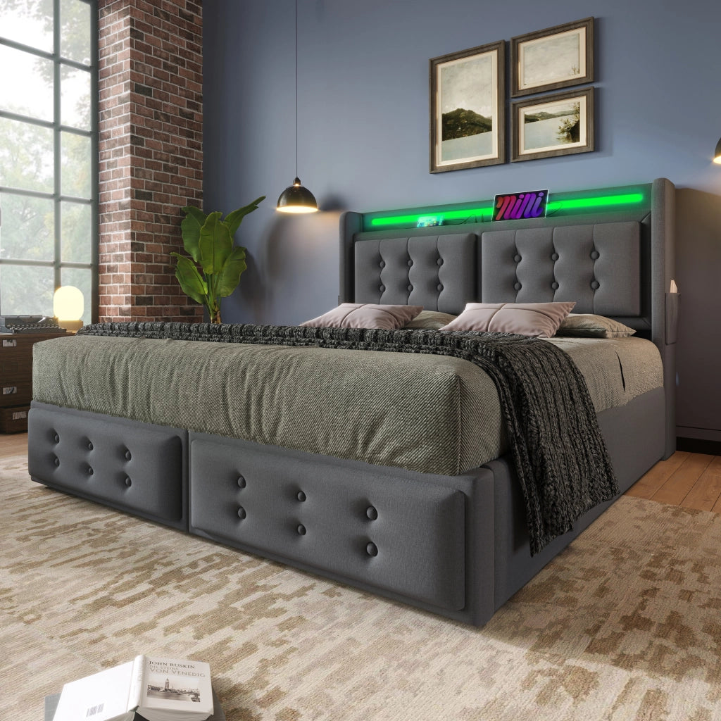 LETTO Contenitore 160x200 cm Grigio in cotone-lino con prese, USB-C e LED