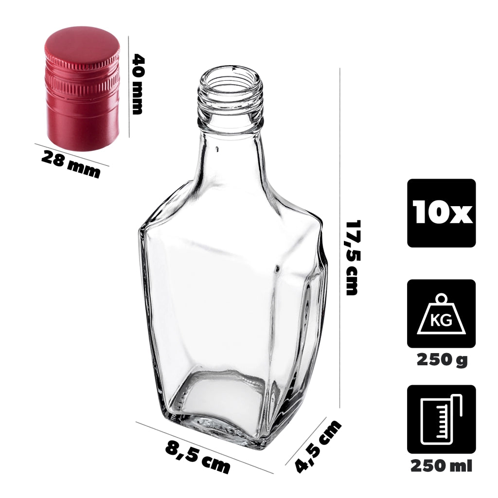 KADAX Bottiglia in Vetro per Tintura 250ml Con Tappo Rosso Lungo 10pz.