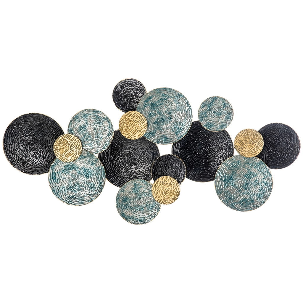 DECORAZIONE MURALE IN METALLO 3D WALL ART A CERCHI 133X66CM BLU NERO E ORO