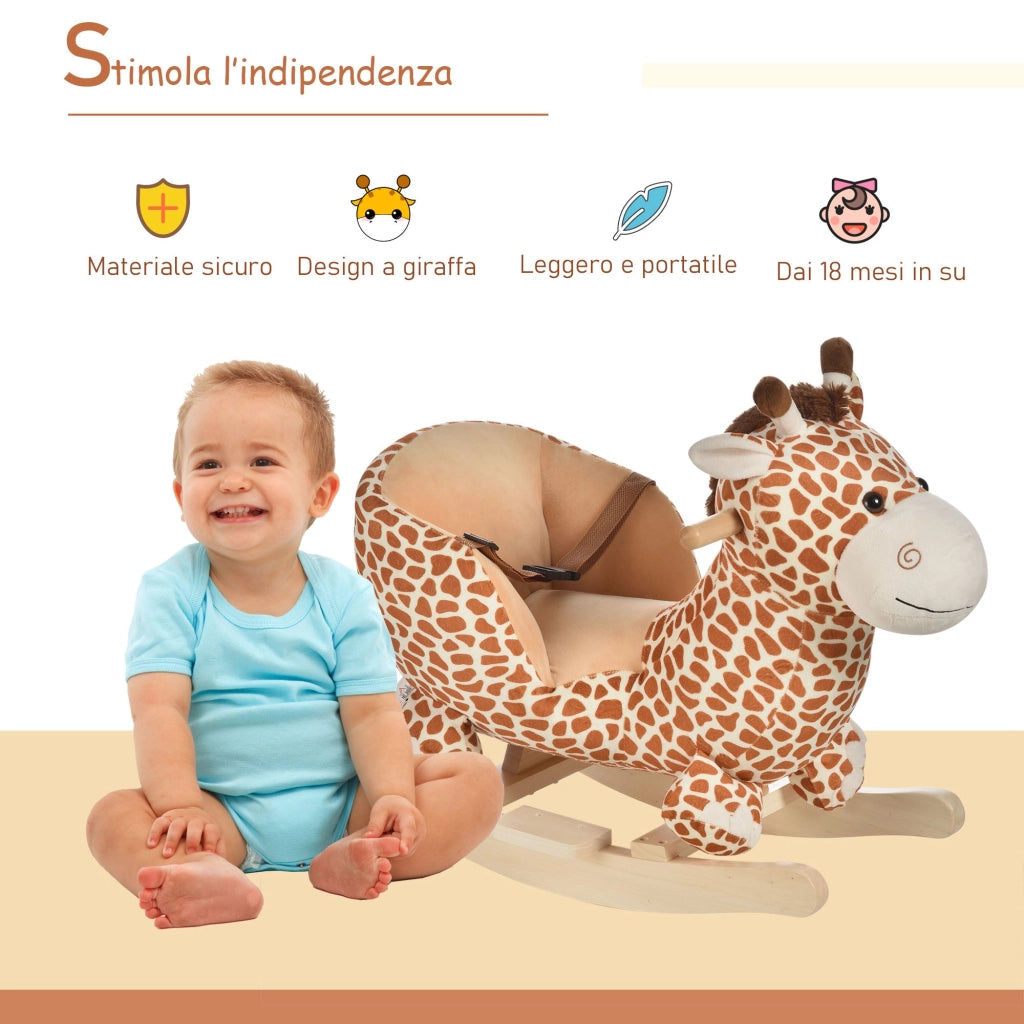 Dondolo per Bambini in Legno Giraffa in Peluche con Suoni