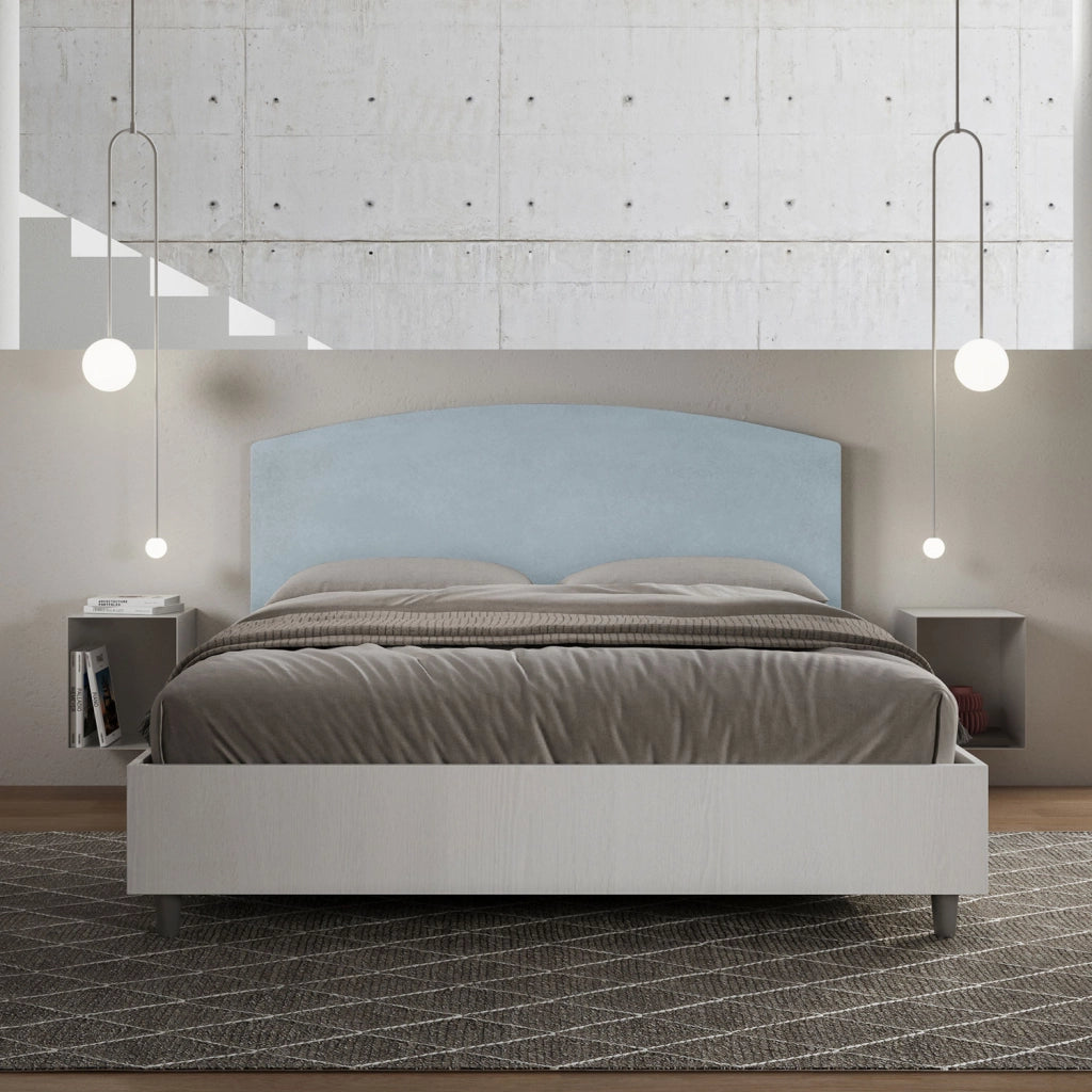 BS COM Letto matrimoniale senza rete 160x200 bianco frassino testata microfibra azzurro