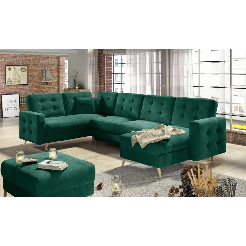 Divano ad angolo panoramico convertibile HASGARD U 326x202 cm verde smeraldo velluto