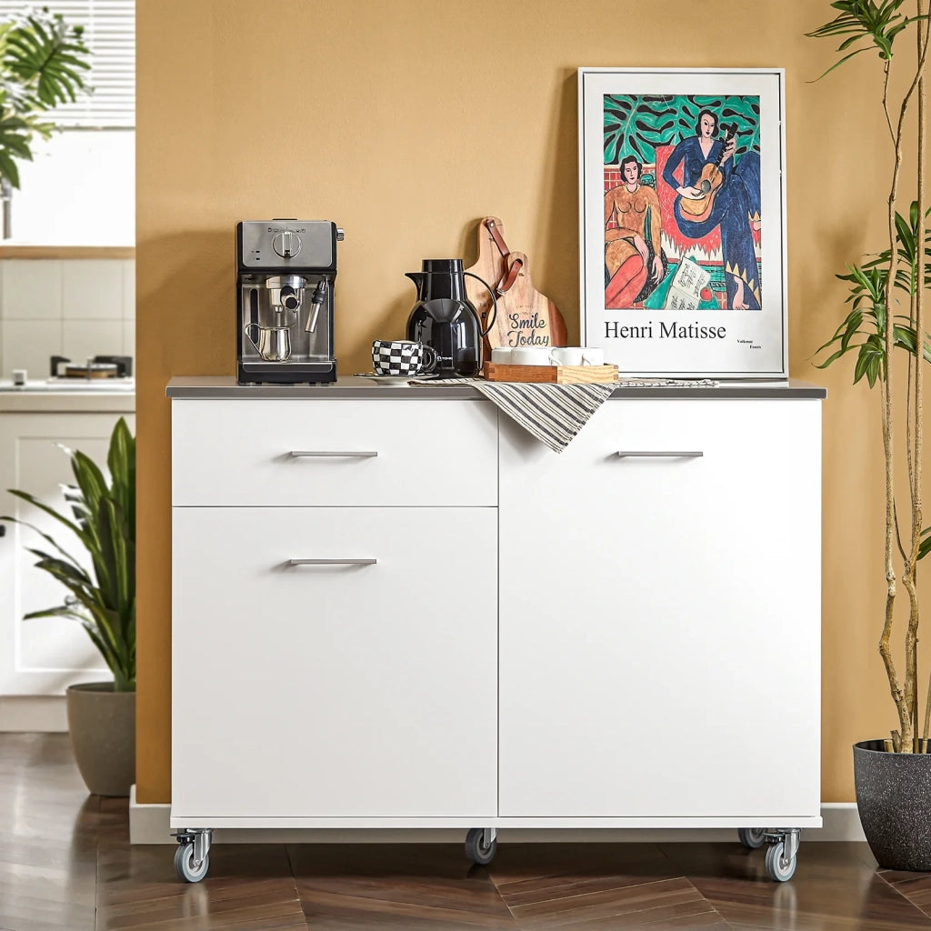 Carrello Da Cucina Isola Cucina Con Piano Di Lavoro Credenza Con Ruote Carrello Bianco 120x56x90cm FKW117-W
