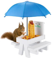 Tavolo da picnic per scoiattoli con ombrello, tavolo da picnic in legno, contenitore per il grano, con struttura robusta e 2 poltrone spesse (blu)