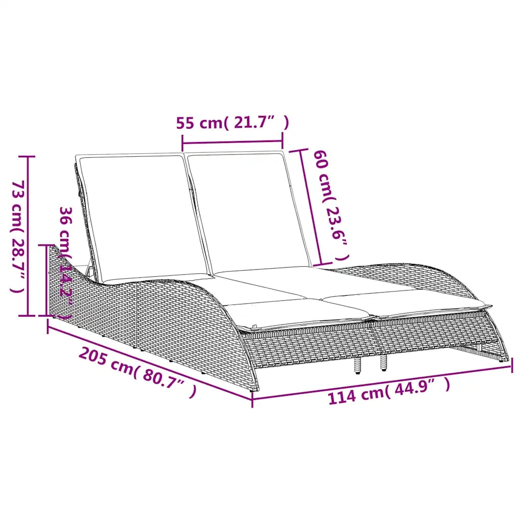 Lettino prendisole con cuscini nero 114x205x73 cm in polyrattan 368295