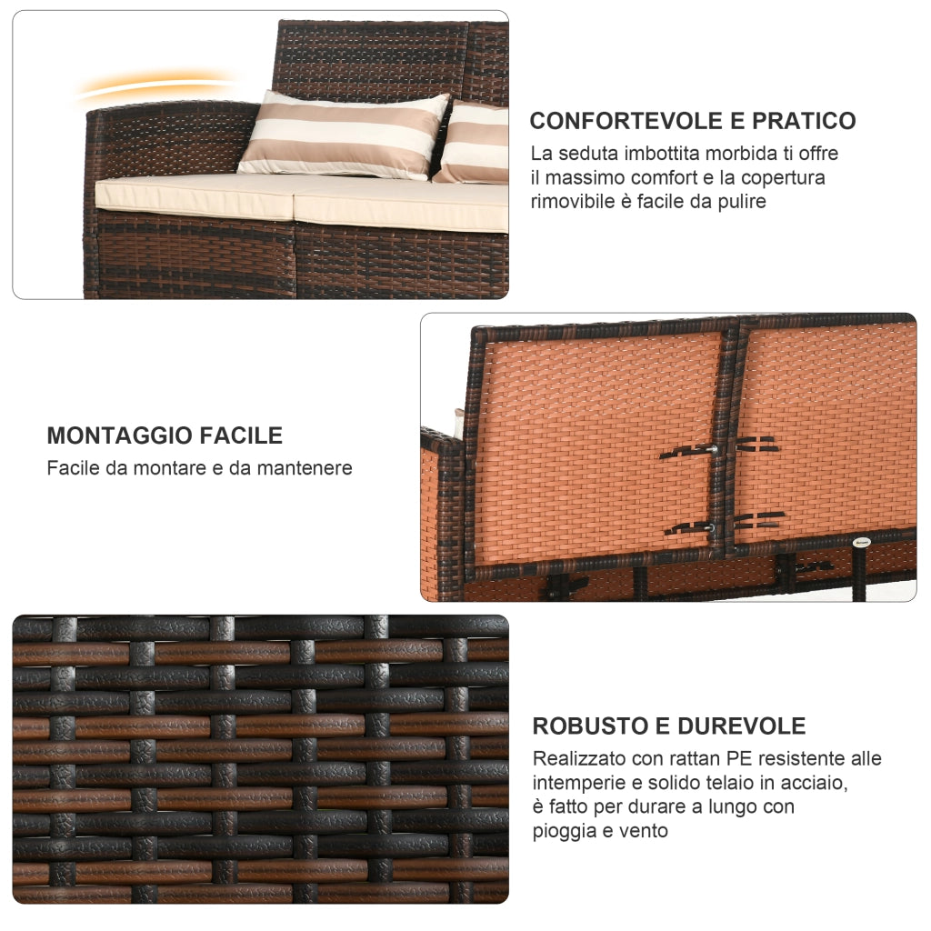 Divano 3 posti da esterno in rattan PE ¨C Xylo ¨C marrone, cuscini imbottiti sfoderabili, 173x68x78 cm