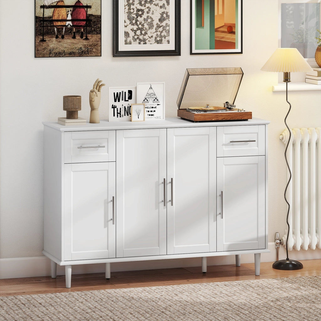 Credenza Buffet Elegante con 2 Cassetti e 3 Armadietti con Ripiani Regolabili, in Legno, 120x38x86 cm, Bianco