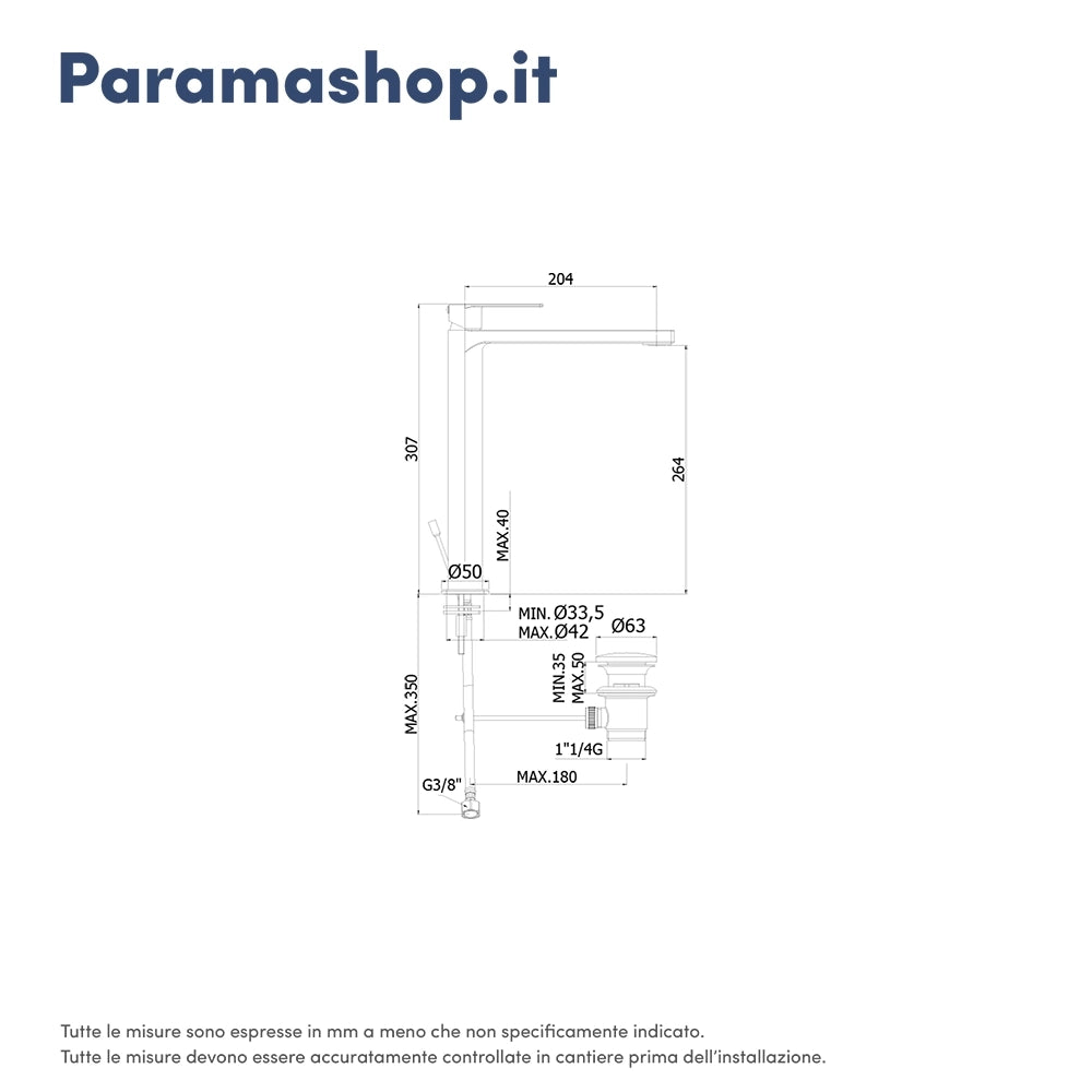 Paffoni miscelatore lavabo alto con scarico cromato mod. Tango
