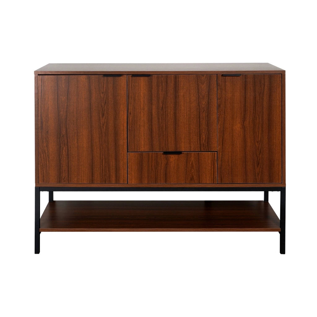 Credenza effetto legno tinto noce e metallo a 3 ante, 110cm, noce