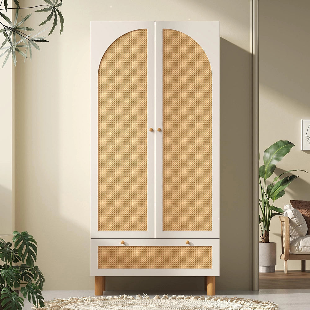 Armadio guardaroba 2 ante con vimini - Xylo - stile cottage, grande cassetto, ripiani regolabili, bianco, 180x85x52 cm