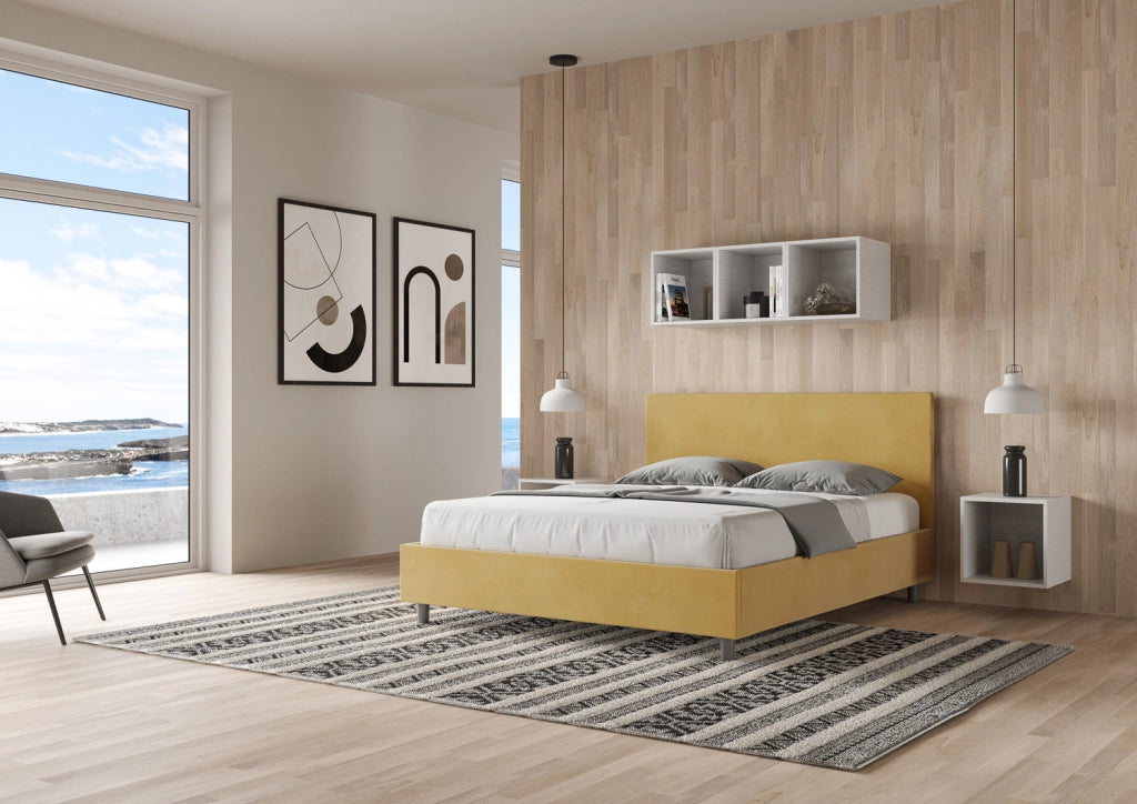 BS COM Letto matrimoniale francese contenitore imbottito 140x210 microfibra ocra