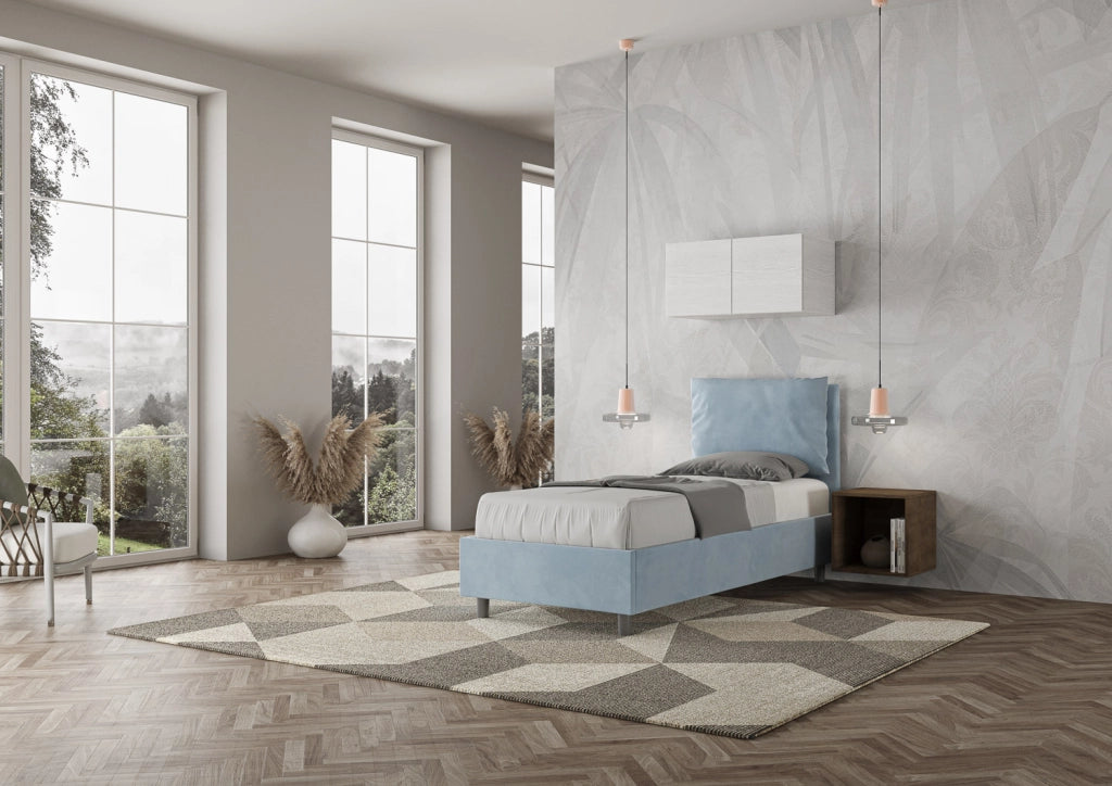 BS COM Letto singolo contenitore imbottito 80x190 microfibra azzurro