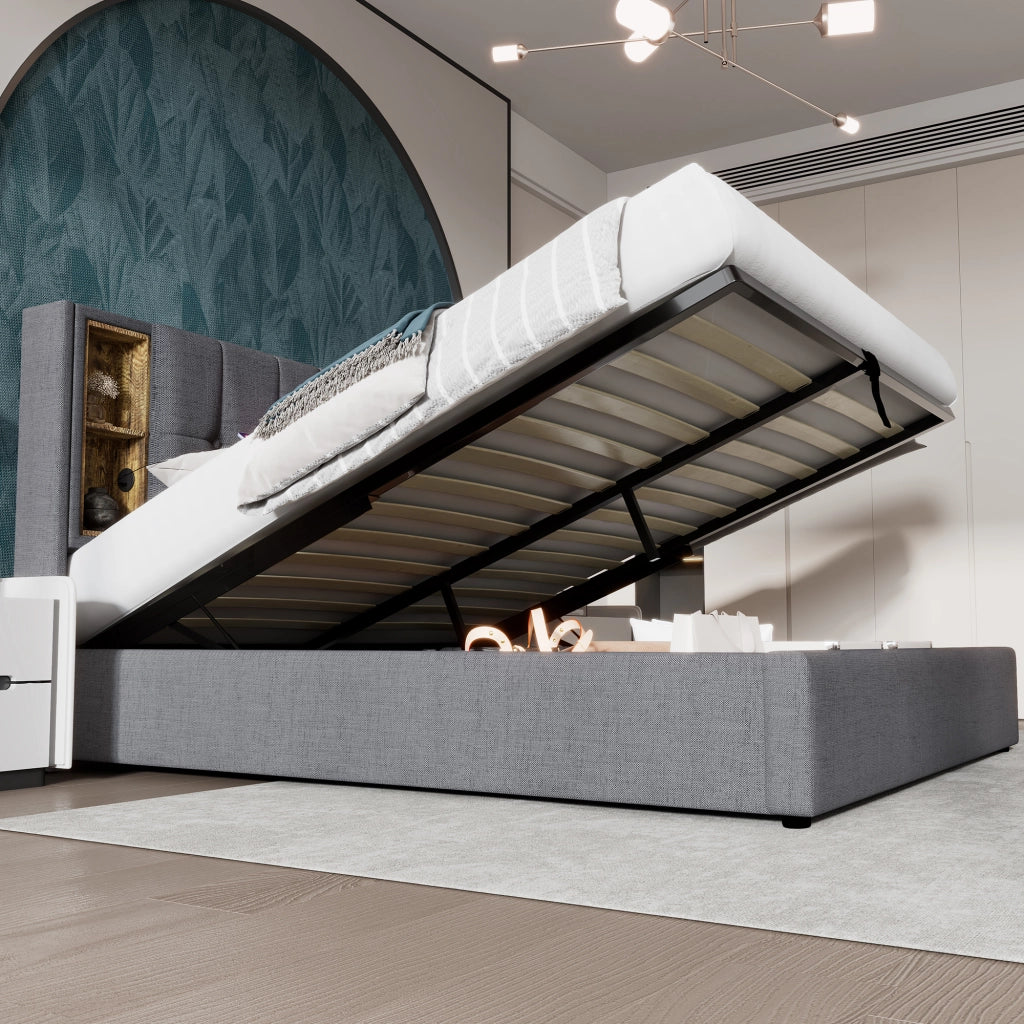 LETTO Contenitore 180x200 cm in cotone grigio con ricarica wireless, USB e Tipo C
