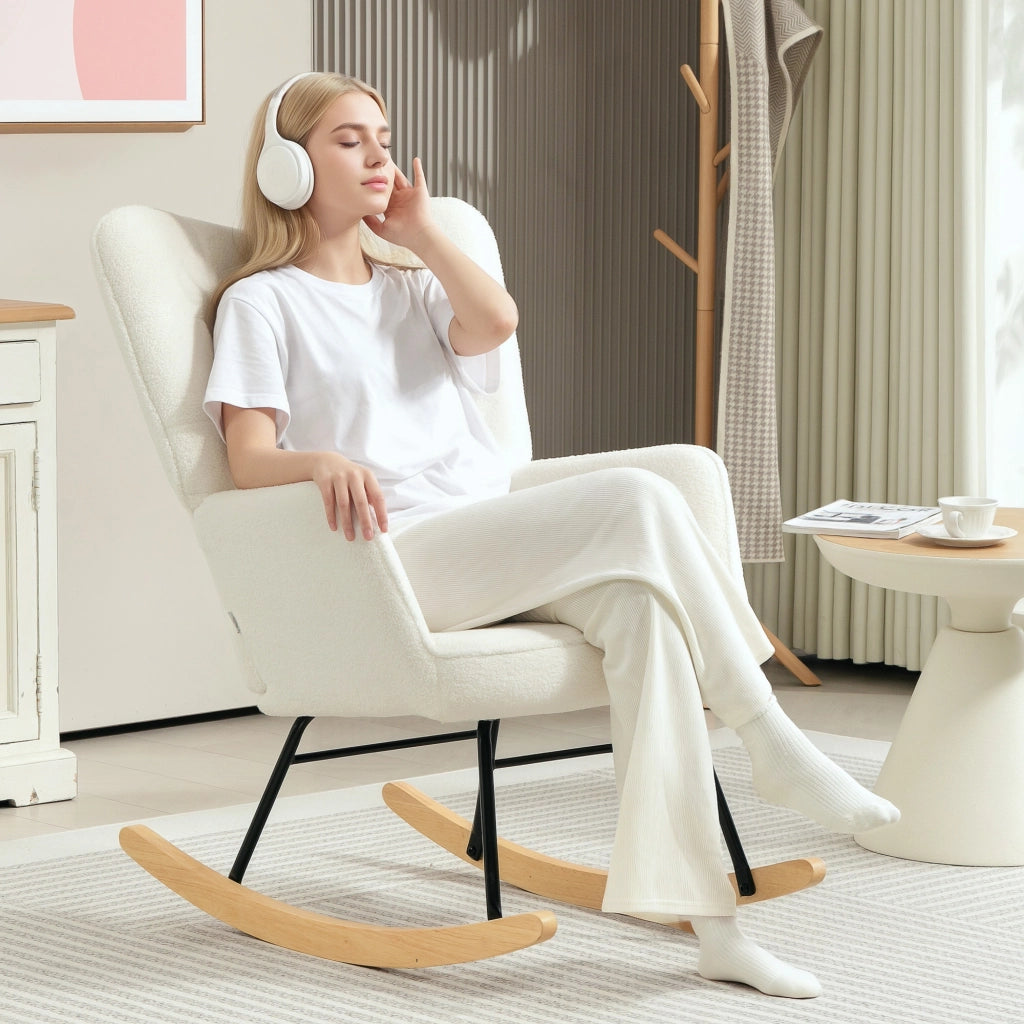 Poltrona dondolo con braccioli ¨C Xylo ¨C tessuto bianco, gambe legno