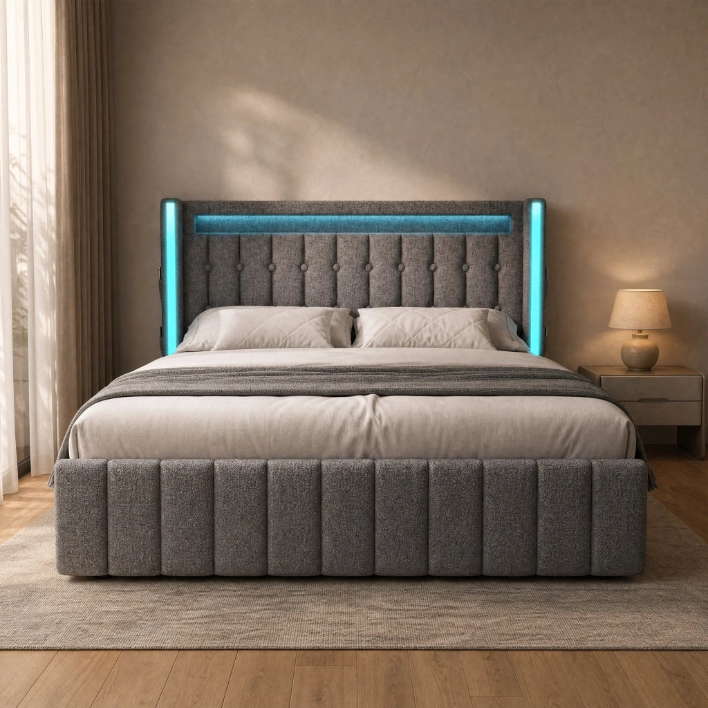 LETTO imbottito 160x200 cm in lino grigio con 4 cassetti, USB e LED
