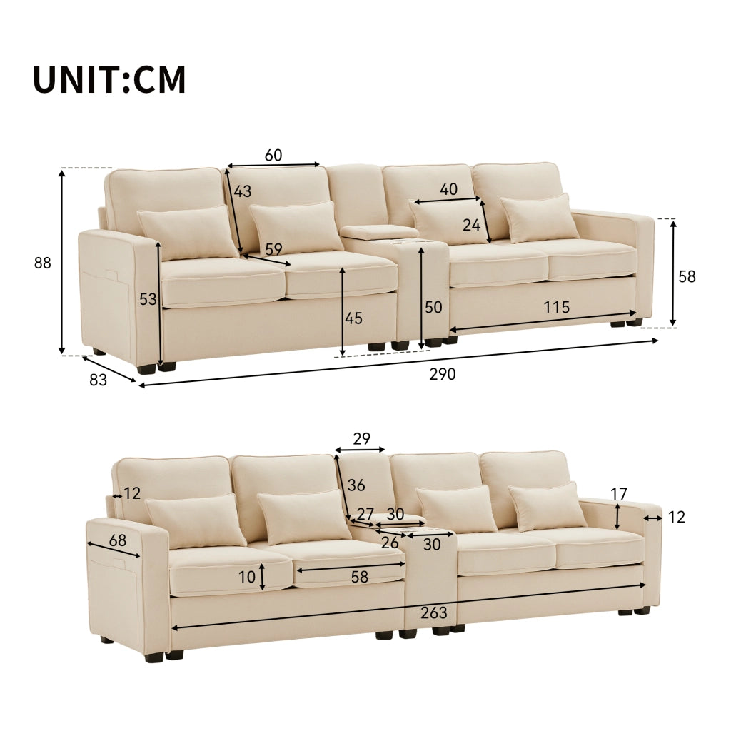Sofa moderno 4 posti - Zephmum- Tessuto lino con console, porta bevande, USB, tasche braccioli