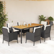 Set da Pranzo da Giardino 7 pz Nero con Cuscini in Polyrattan