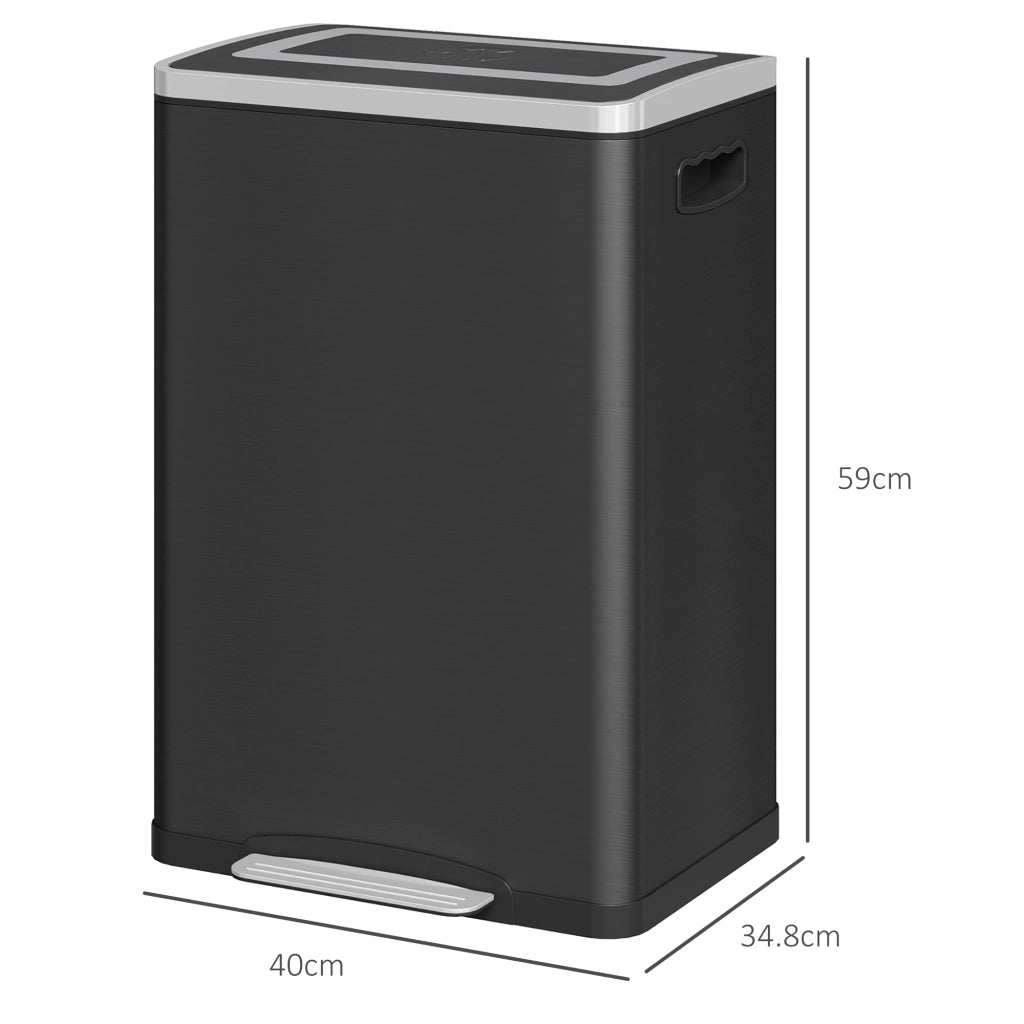 Bidone Immondizia a 2 Sezioni da 20L con Coperchio Silenzioso. in Acciaio Inox e PP. 40x34.8x59 cm. Nero