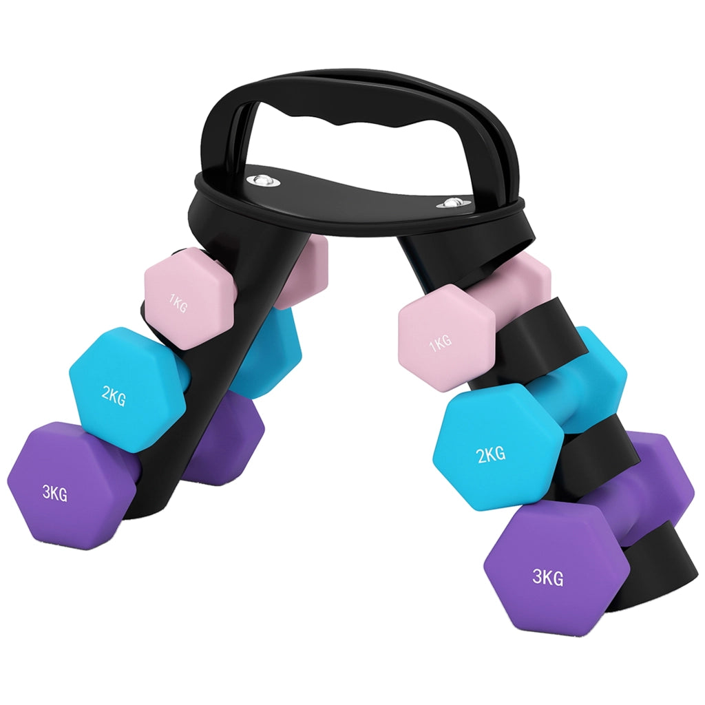 Set di manubri esagonali ¨C Minimal ¨C 2x1 kg, 2x2 kg, 2x3 kg con supporto