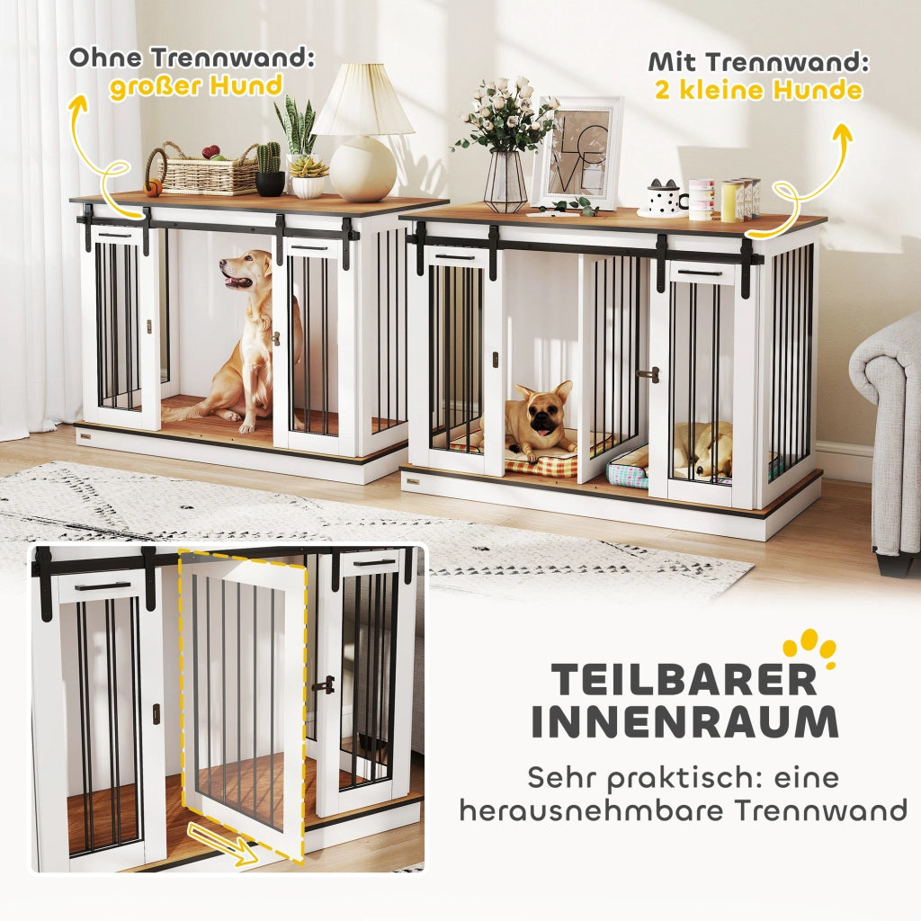 Gabbia per Cani con 2 Porte ¨C Xylo ¨C Design Rustico Bianco con Serratura