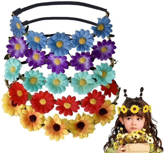 Corone fiorita 5 pezzi - Fascia capellina fiorita - Ragazze - Damigella d'onore - Festival - Materiale ecologico - Disegno accattivante - Fiore per capelli