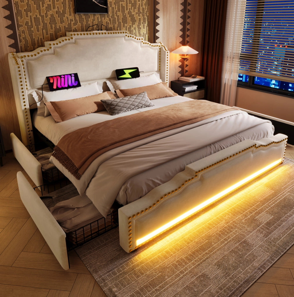 Letto matrimoniale 160x200 in velluto con LED, USB-C e 4 cassetti